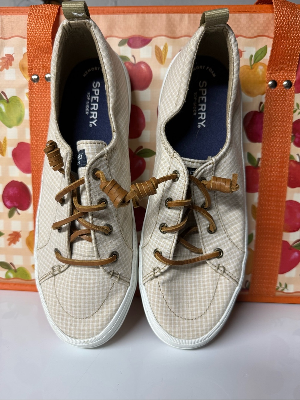 Sperry Beige Plaid Canvas Lace-Up Sneakers with Brown Laces